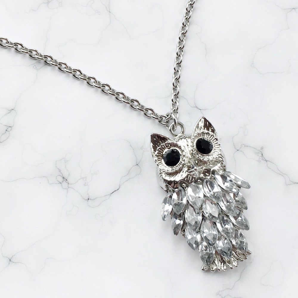 🦉 Large Silver Tone and Crystal Owl Necklace